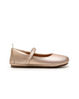 Side profile of the kids metallic salmon Marie shoe, showing the slim flat sole and premium leather finish.