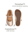 Top and bottom view of kids Marie shoes highlighting the FreetoGrow wide toe box and ThintoFeel barefoot sole.