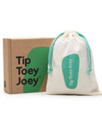 Cotton candy pink baby shoes displayed with the Tip Toey Joey gift box and cotton drawstring storage bag.