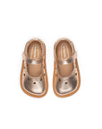 Overhead view of the metallic salmon baby shoes highlighting the wide toe box and heart-shaped laser cut-outs.