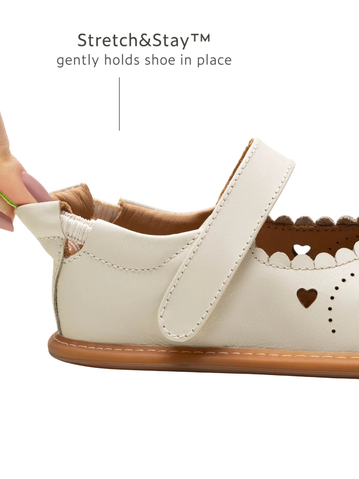 Close-up of the Stretch &amp; Stay elastic heel on the Tapioca baby shoe for a secure, stay-on fit.