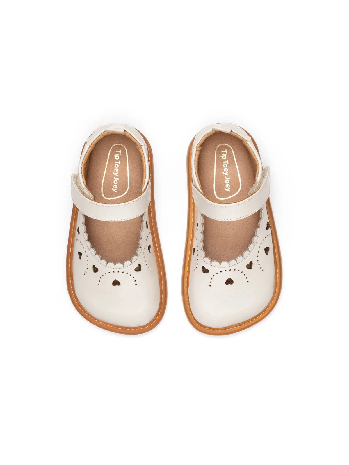 Overhead view of Tapioca Mary Janes highlighting the wide toe box and heart-shaped laser cut-outs.