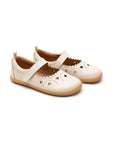 Kids metallic tapioca leather Mary Jane shoes with heart cut-outs and a flexible brown rubber sole.